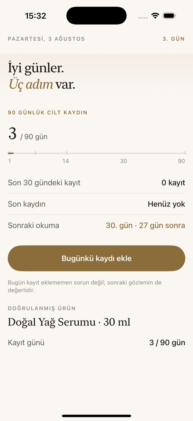 90 günlük cilt kaydı ekranı