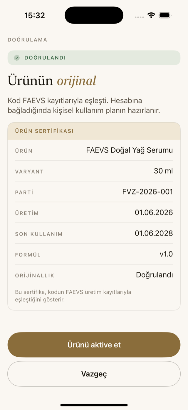 Ürün doğrulama sertifikası ekranı