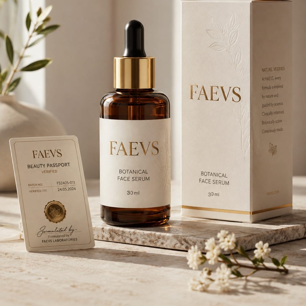 FAEVS Doğal Yağ Serumu — şişe, kutu ve Beauty Passport kartı